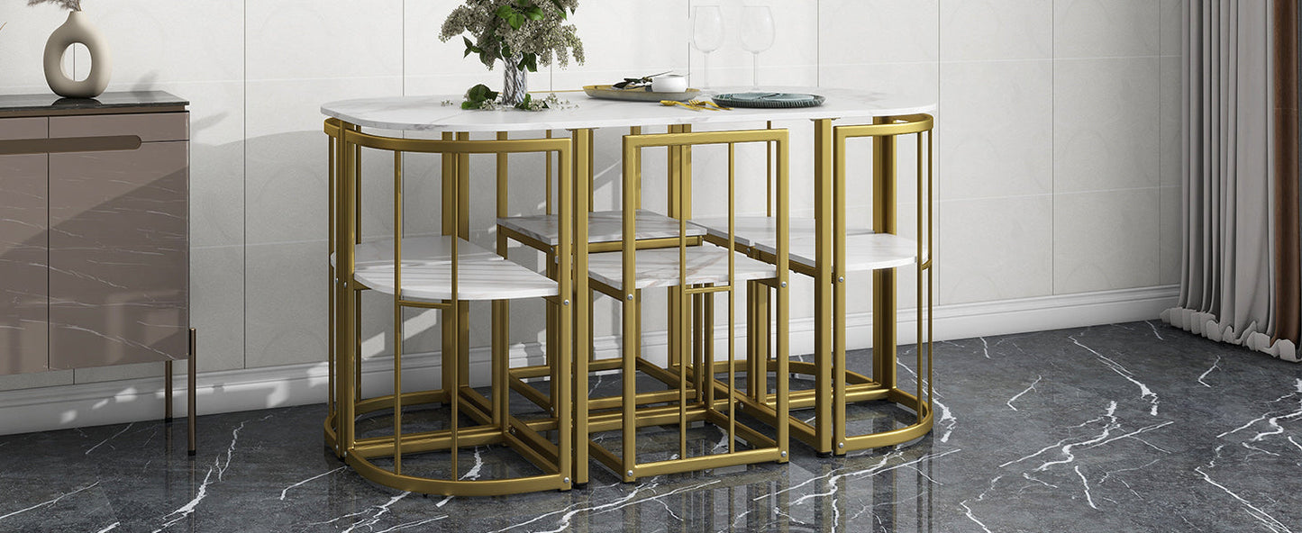 Modern 7-Piece Faux White Marble & Gold Compact Table & Chair Dining Set - 80d3e6-0e.myshopify.com - -  