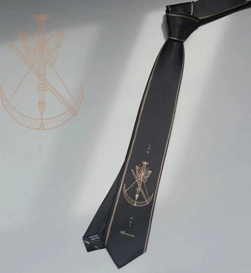 Black & Gold Classic Fantasy Bow, Arrow, Crossbow & Harp Patterned Men's Necktie - Lovez Aqua© - 