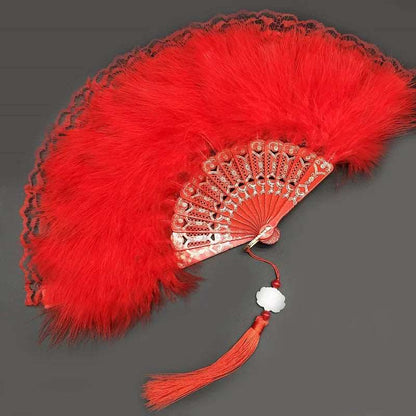 Roaring 1920s Art Deco Style Foldable Feather Fan With Tassel - 80d3e6-0e.myshopify.com - Red -  Red