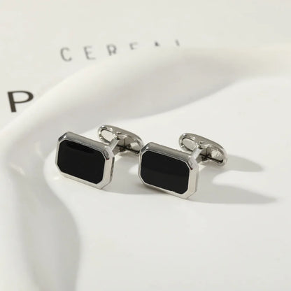 Men's French Style Angular Rectangle Formal Black & Silver Cufflinks - Lovez Aqua© - 