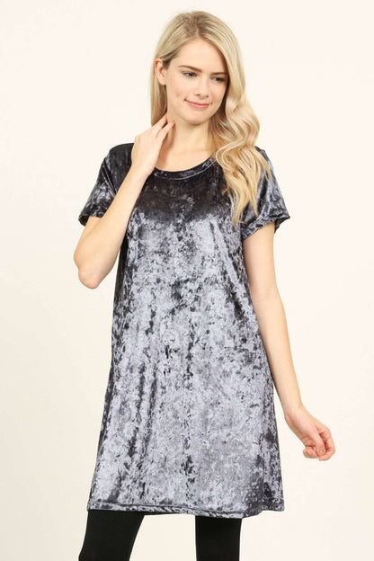 Women's Short Sleeve Relaxed Fit Crushed Velvet Tunic Dress