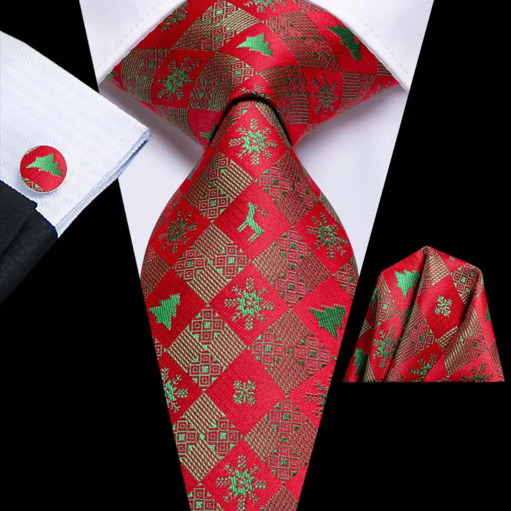 Men's Christmas Themed Festive Silk Necktie, Pocket Square & Cufflink Set - Lovez Aqua© - 