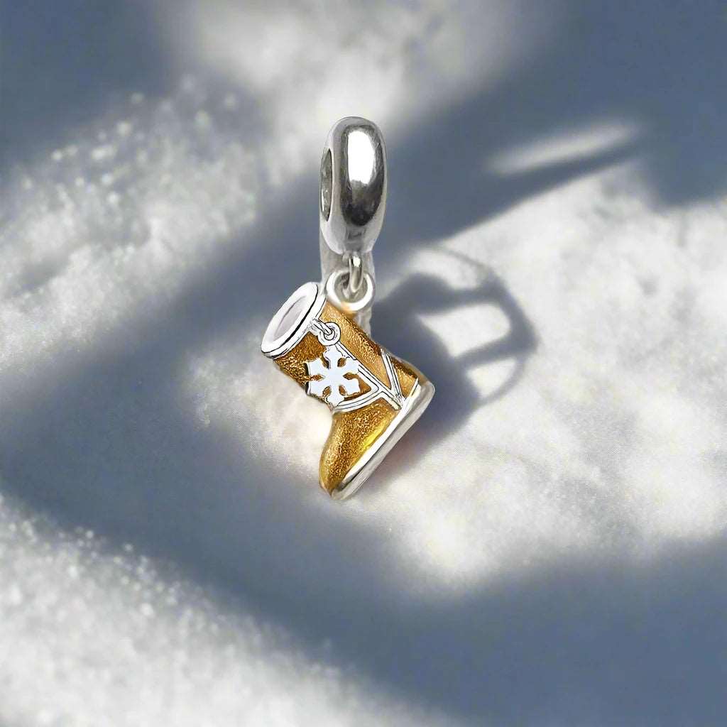 925 Sterling Silver Gold Fluffy Snow Boots & Snowflake Embellishment Charm - Lovez Aqua© - 