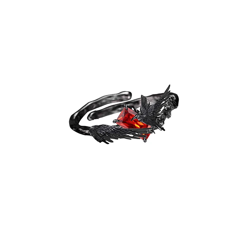 Women's Gothic Engraved Black Raven Adjustable Ring with Red Garnet Crystal - Lovez Aqua© - 