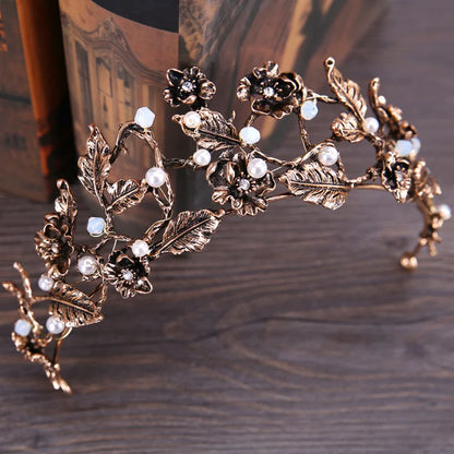 Antique Bronze & Black Crystal Bridal Hair Crown with Pearl Embellishments