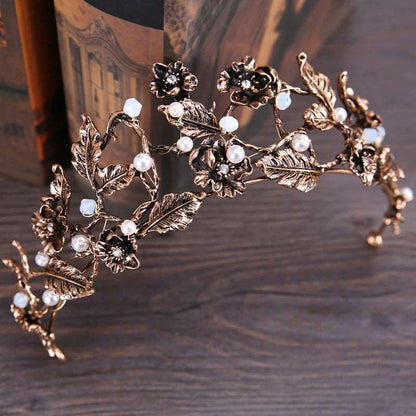 Antique Bronze & Black Crystal Bridal Hair Crown with Pearl Embellishments - Lovez Aqua© - bride, wedding