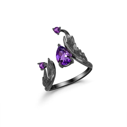 925 Sterling Silver & 1.43Ct Natural Amethyst Gemstone Angel Wings Ring