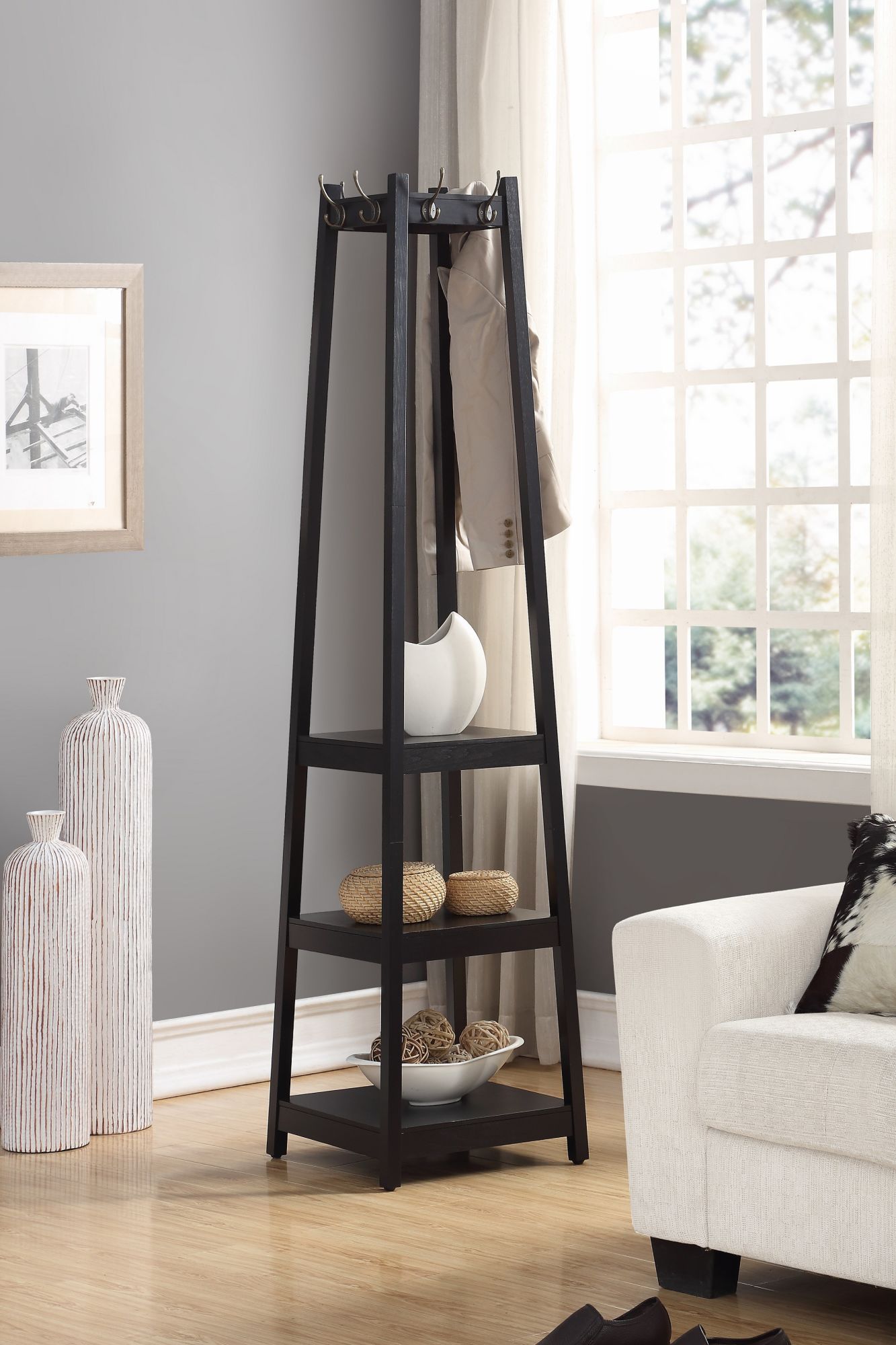 Wooden Vassen Modern Black Coat Rack with 3-Tier Storage Shelves - Lovez Aqua© - Default Title