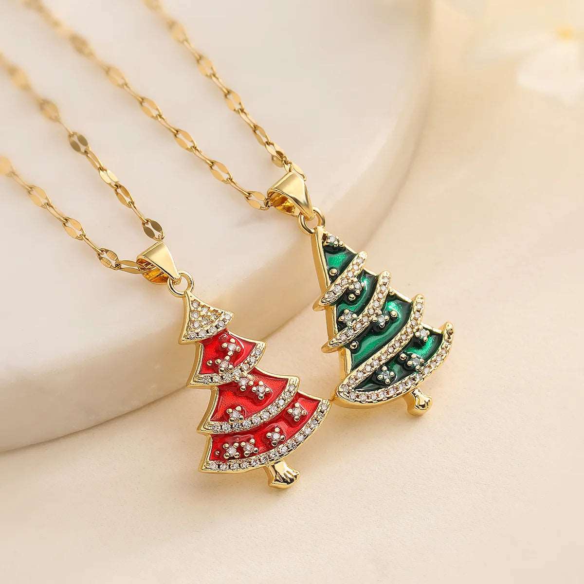 Elegant Red or Green Gold Plated Christmas Tree Festive Women's Necklace