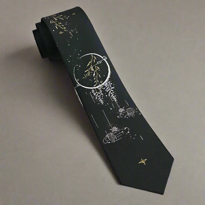 Japanese Style Moonlit Lake Black & Gold Night Landscape Necktie