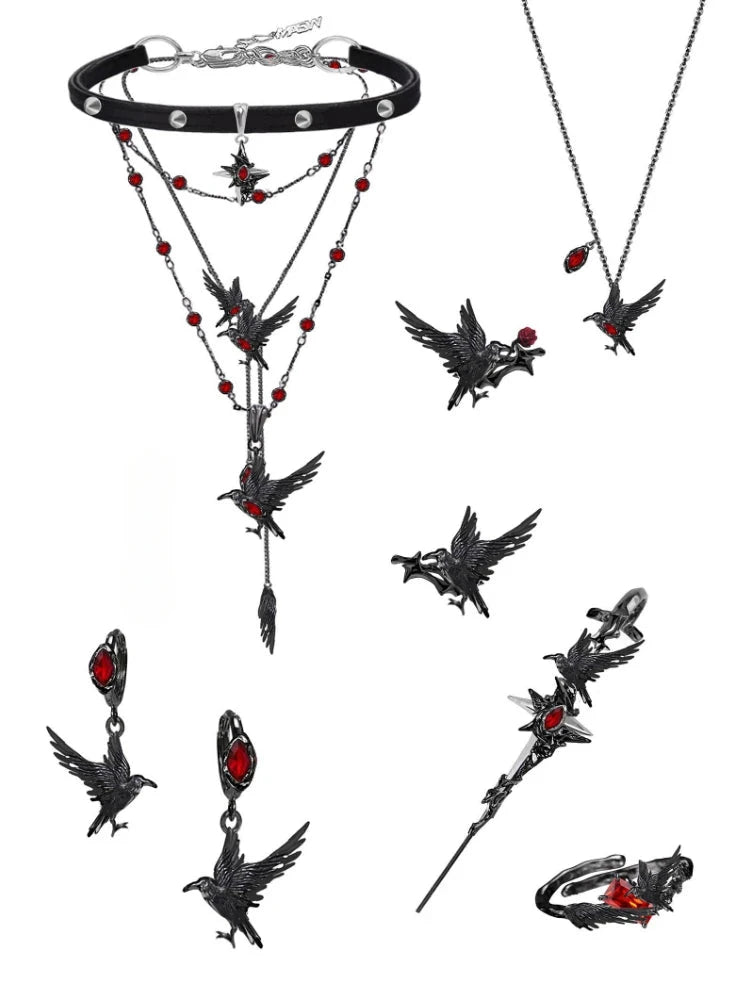 Gothic Black Raven & Red Ruby Crystal Embellished Women's Dangle Earrings - Lovez Aqua© - 