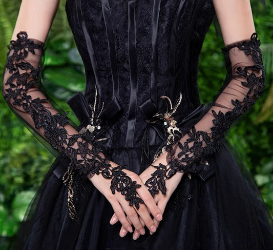 Women's Embroidered Lace & Sheer Appliqué Elbow Length Fingerless Gloves