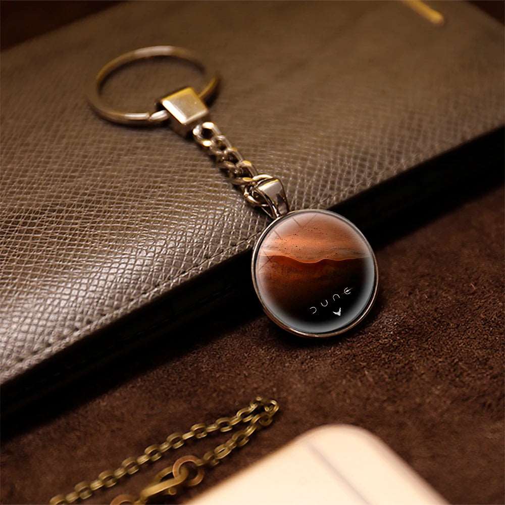 Dune Movie Silver Plated Glass Dome Desert Sand Pendant Keychain