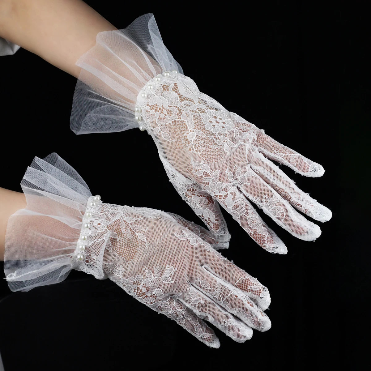 Exquisite White Lace & Faux Pearls Ruffle Edge Wrist Length Bridal Gloves