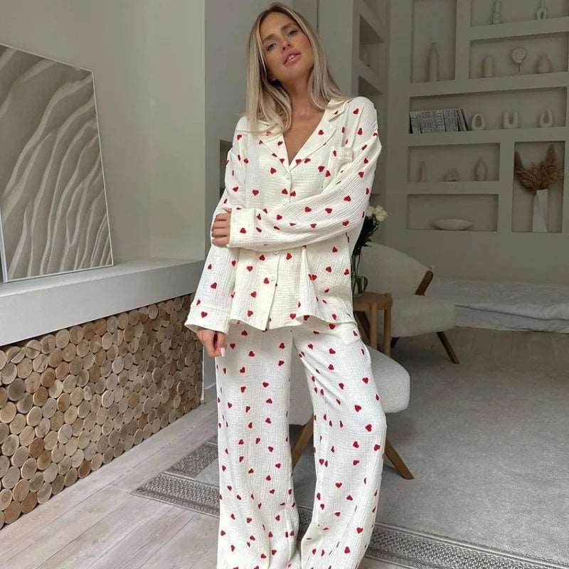 Women's Red Love Heart Printed Two-Piece Long Sleeve Pajama Set