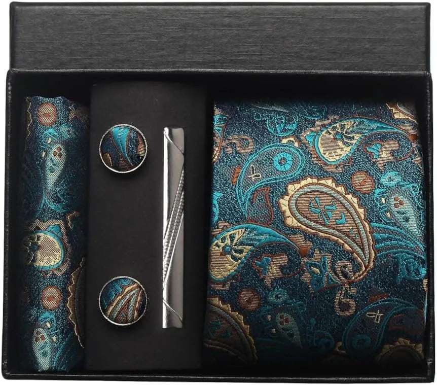 Men's Luxury Silk Paisley Floral Necktie, Pocket Square, Clip & Cufflinks Set - 80d3e6-0e.myshopify.com - BF1 -  BF1