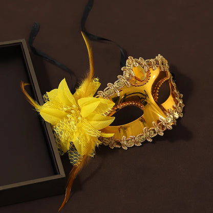 Deep Gold Half Face Women's Venetian Masquerade Festival Mask with Yellow Flower - Lovez Aqua© - 