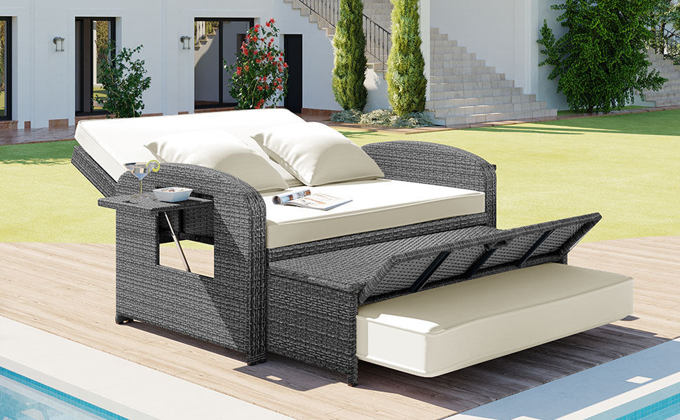 Outdoor PE Wicker Rattan Two Seater Reclining Lounge Daybed with Adjustable Back - 80d3e6-0e.myshopify.com - -  