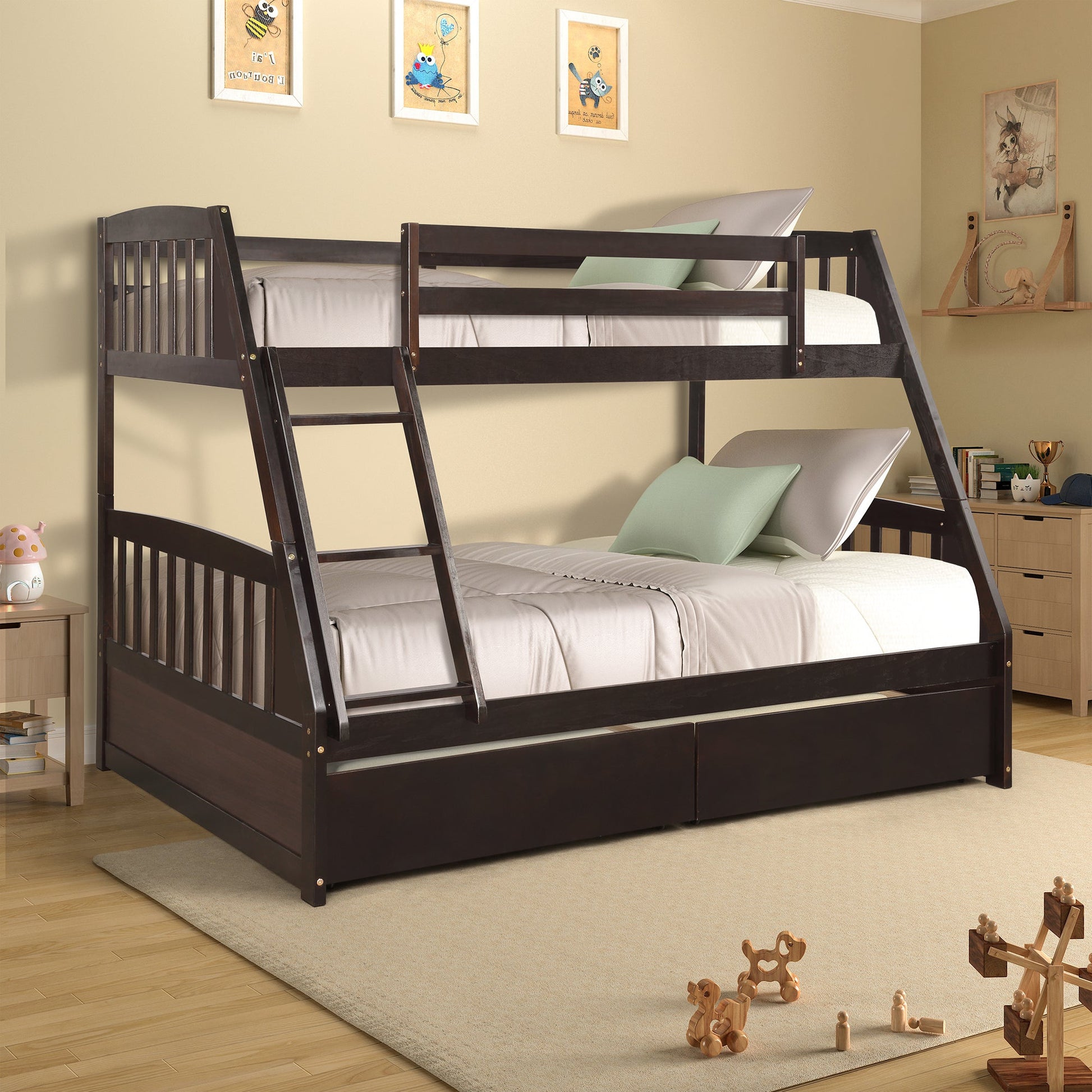 Espresso Pine Wood Twin Over Full Bunk Bed With Two Storage Drawers - Lovez Aqua© - 