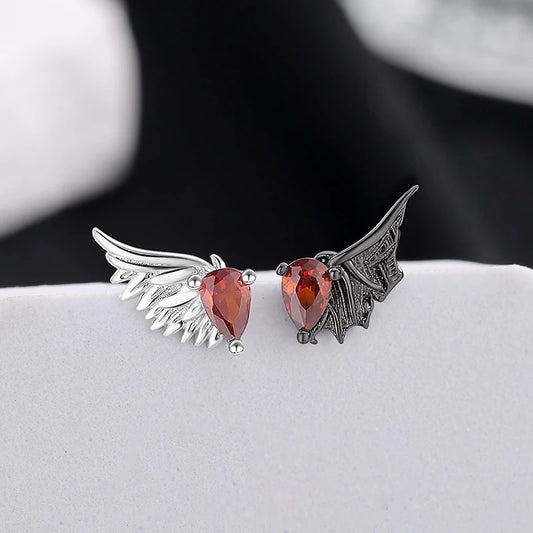 925 Sterling Silver Gothic Angel & Devil Wings Red Zircon Women's Stud Earrings