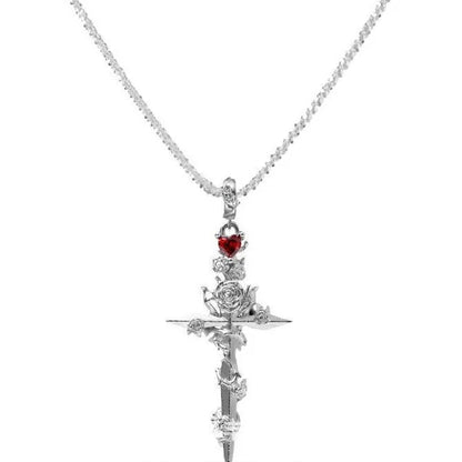 Gothic Rose Silver or Black Red Zircon Religious Cross Pendant Necklace - 80d3e6-0e.myshopify.com - Silver -  Silver