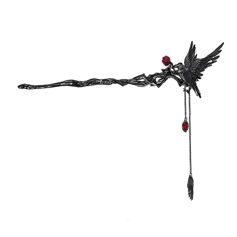 Gothic Style Dangling Red Crystals & Black Raven Bird Pendant Women's Hairpin - Lovez Aqua© - 