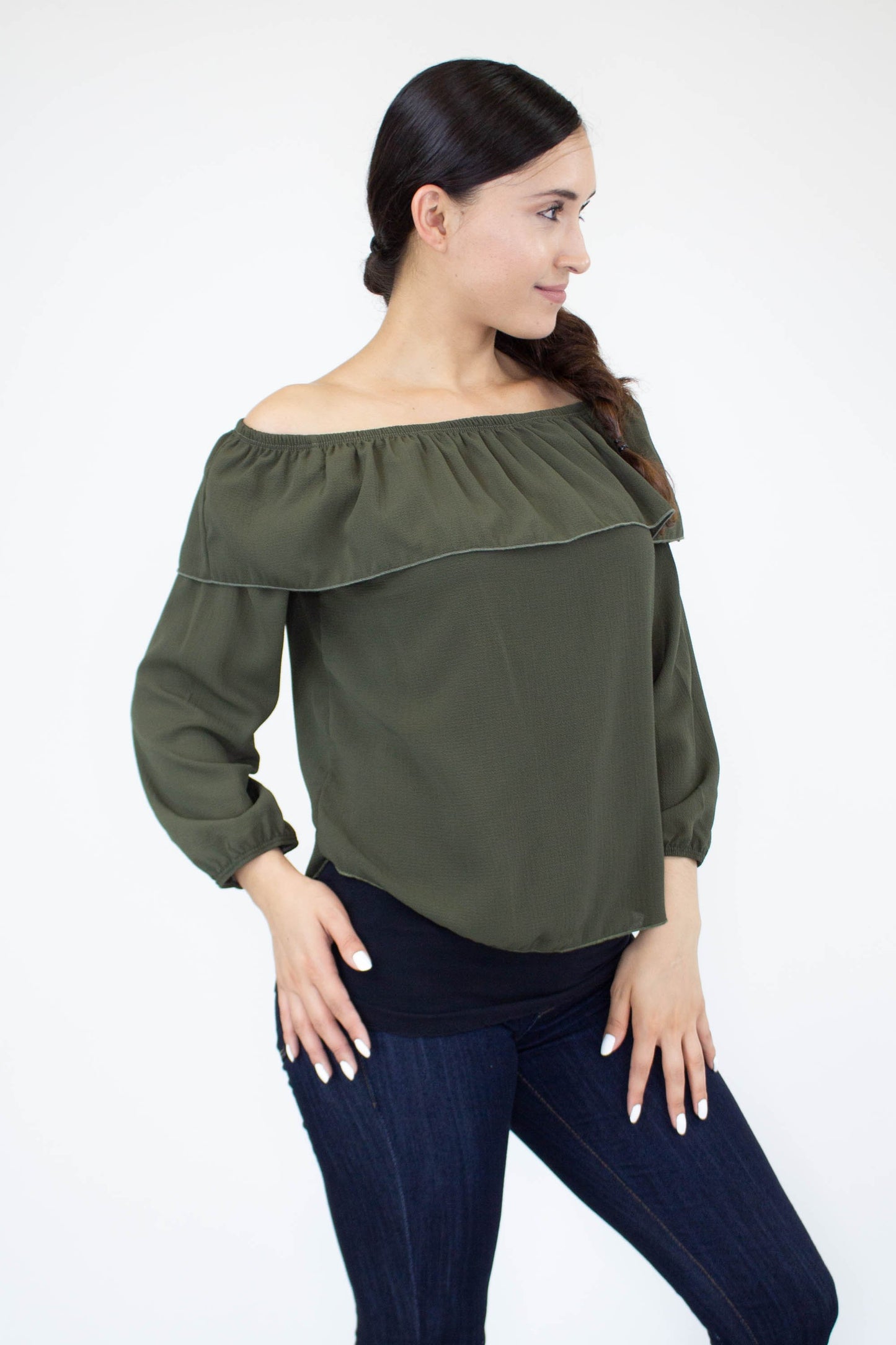 Women's Olive Colored Balloon Sleeve Blouse with Ruffled Neckline