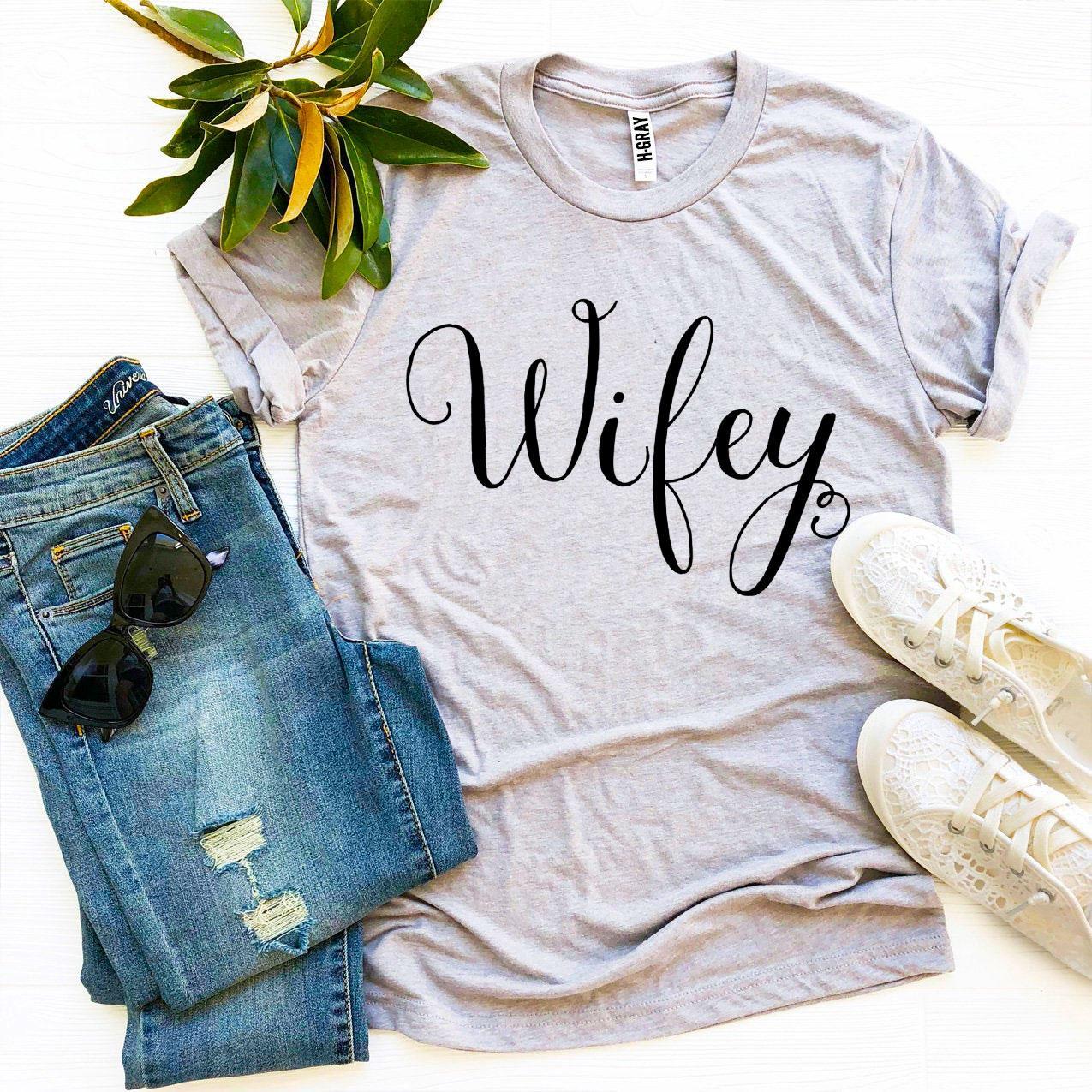 Women's "Wifey" Cute Calligraphy Bella Canvas Cotton T-Shirt - Lovez Aqua© - girlfriend, love, valentine's day, wife