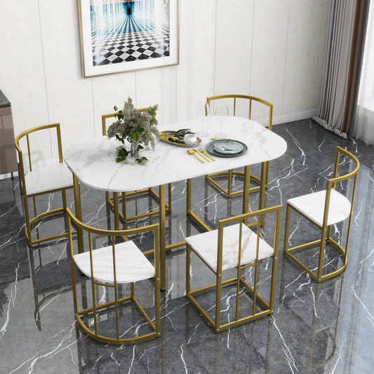 Modern 7-Piece Faux White Marble & Gold Compact Table & Chair Dining Set - 80d3e6-0e.myshopify.com - -  