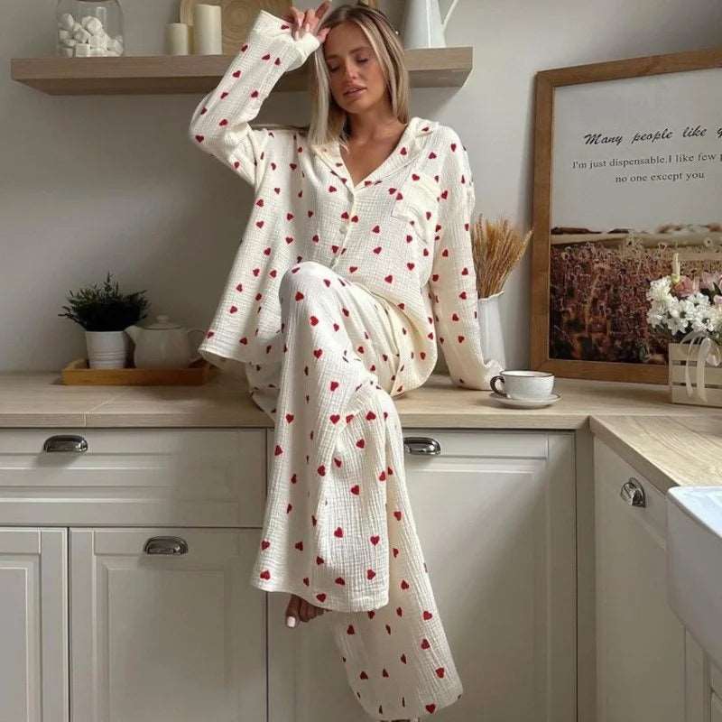 Women's Red Love Heart Printed Two-Piece Long Sleeve Pajama Set