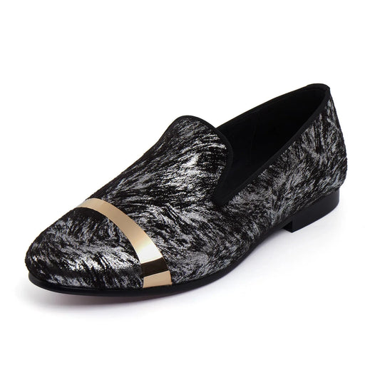 Men's Gold- Plated Black & White Marble Velvet & Leather Loafer Dress Shoes - Lovez Aqua© - 