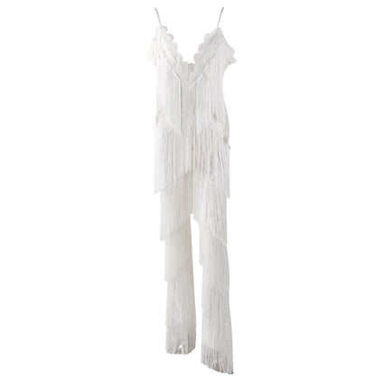 Women's White Tassel Loose Fit Flared Jumpsuit