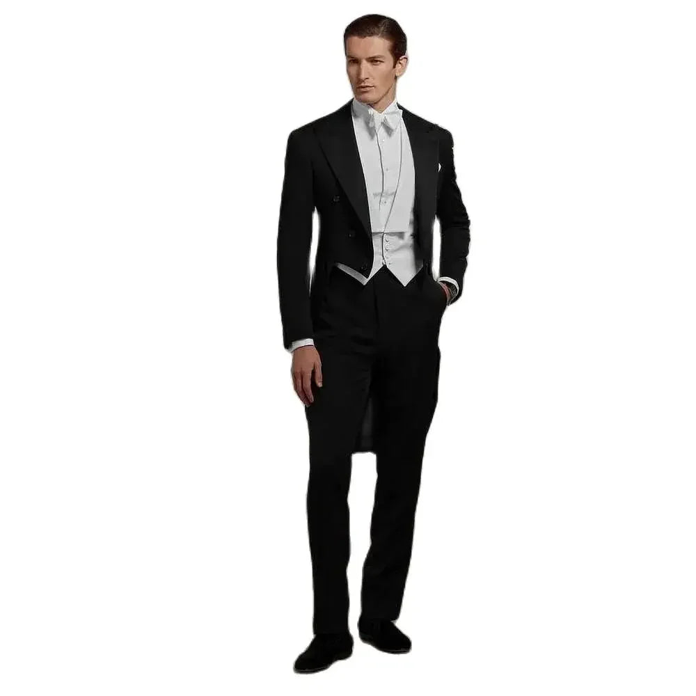 Classic Men's Black 3 Piece Suit Set (Long Tailcoat Jacket, Vest & Pants) - Lovez Aqua© - conductor, suit, traditional, tuxedo