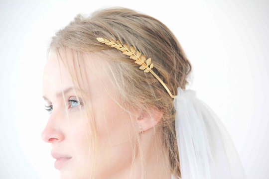 Women's Gold Greek Goddess Crown White Tulle Wedding Veil Headpiece