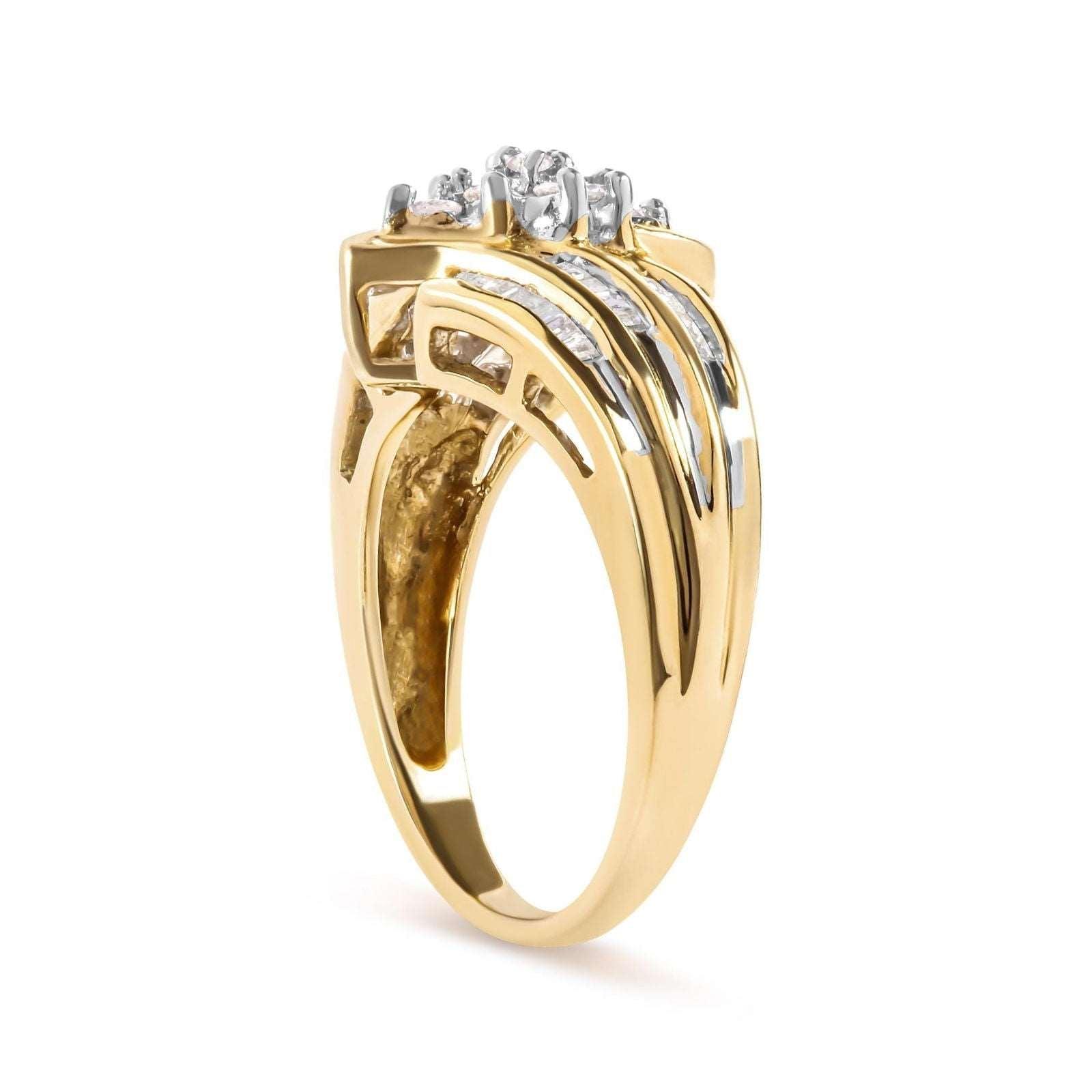 10K Yellow Gold 1/2 Cttw Round & Baguette-Cut Diamond Cluster & Channel Set Ring - Lovez Aqua© - 