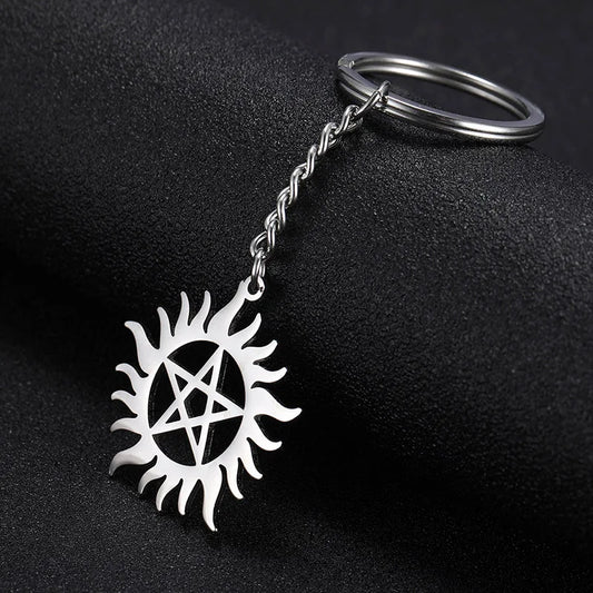 Supernatural Stainless Steel Winchester Brothers Sunburst Pentacle Keychain