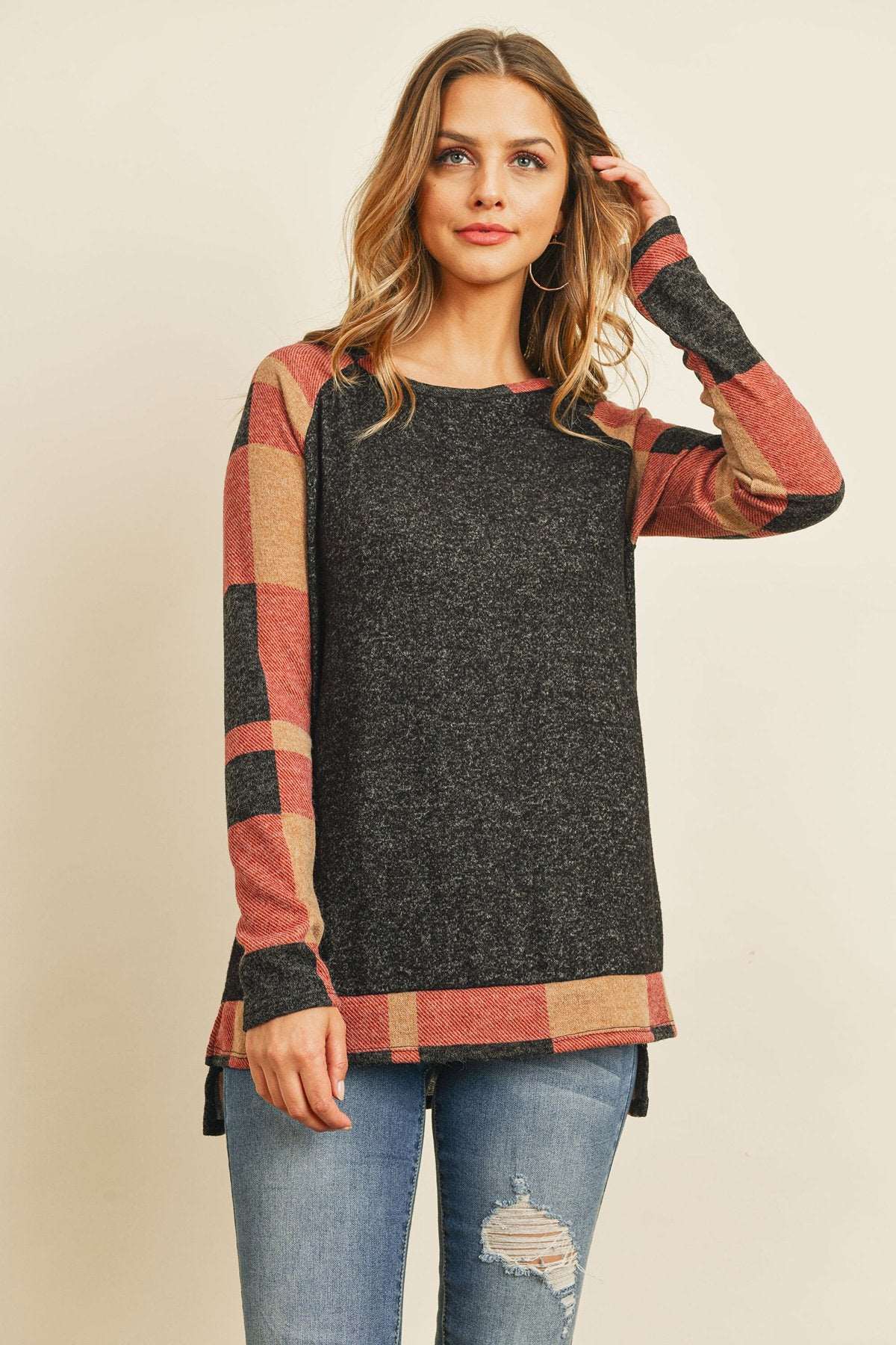 Women’s Winter Top with Hacci Plaid Pattern & Cozy Long Back Hem