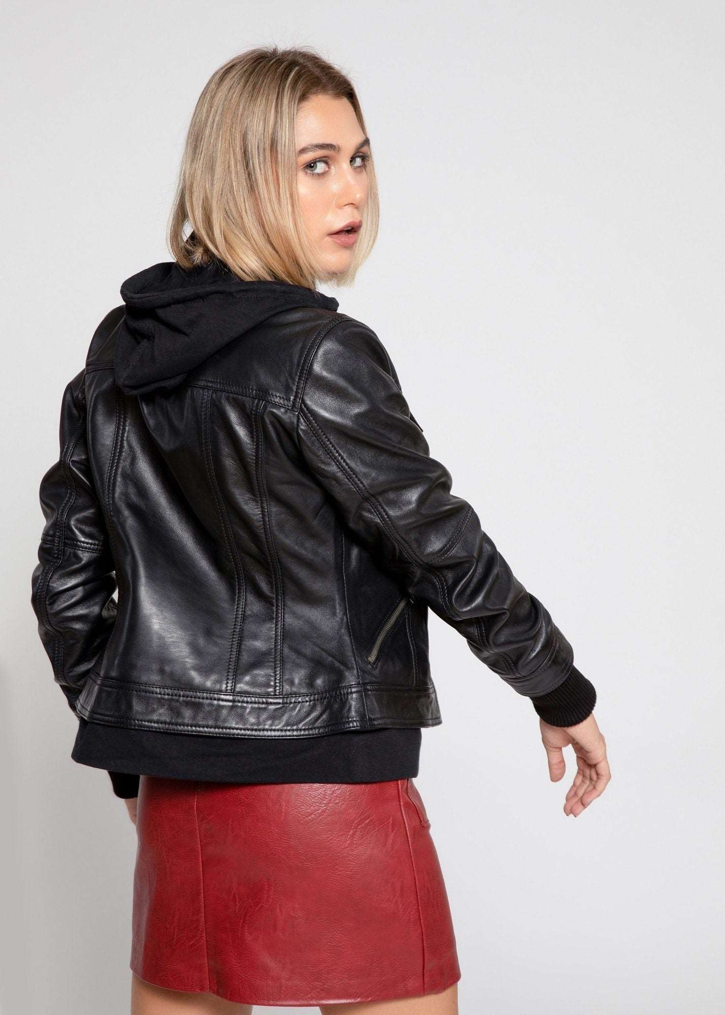 Women's Genuine Lambskin Leather Jacket with Fleece Hoodie & Pockets