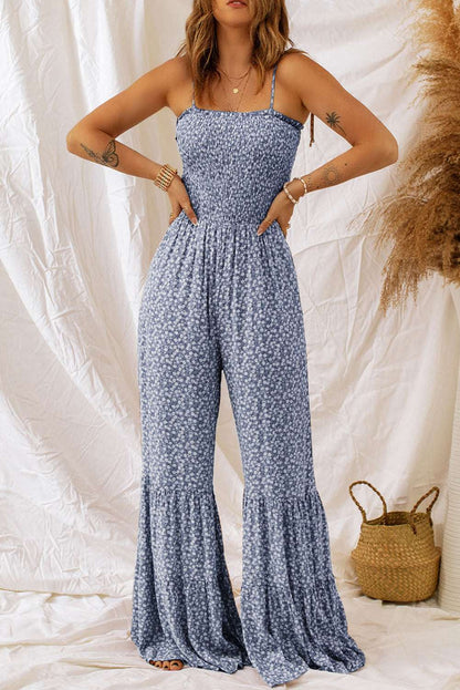 Women's Spring Dusk Blue Smocked Bodice Wide Leg Floral Jumpsuit - 80d3e6-0e.myshopify.com - -  