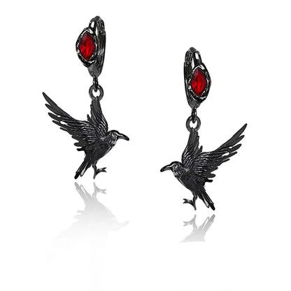 Gothic Black Raven & Red Ruby Crystal Embellished Women's Dangle Earrings - Lovez Aqua© - 