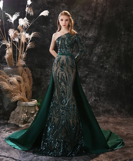 Elegant Women's Green Sequined Mermaid Evening Gown with Sheer Long Sleeves - Lovez Aqua© - emerald, evening dress, gown, green