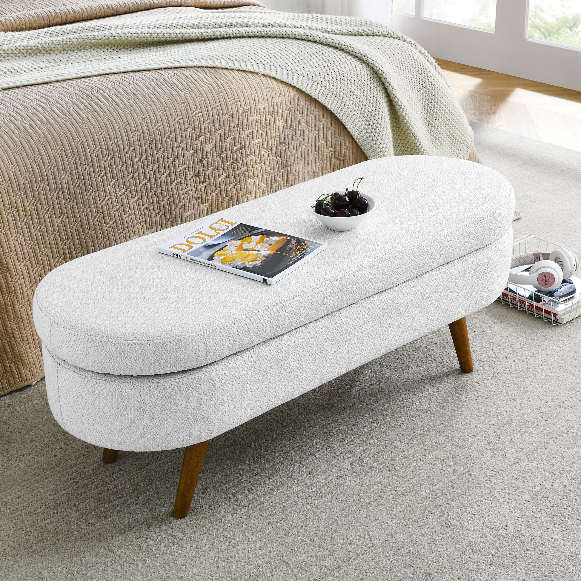 Ottoman White Linen Oval Storage Bench Seat with Wooden Legs - 80d3e6-0e.myshopify.com - -  