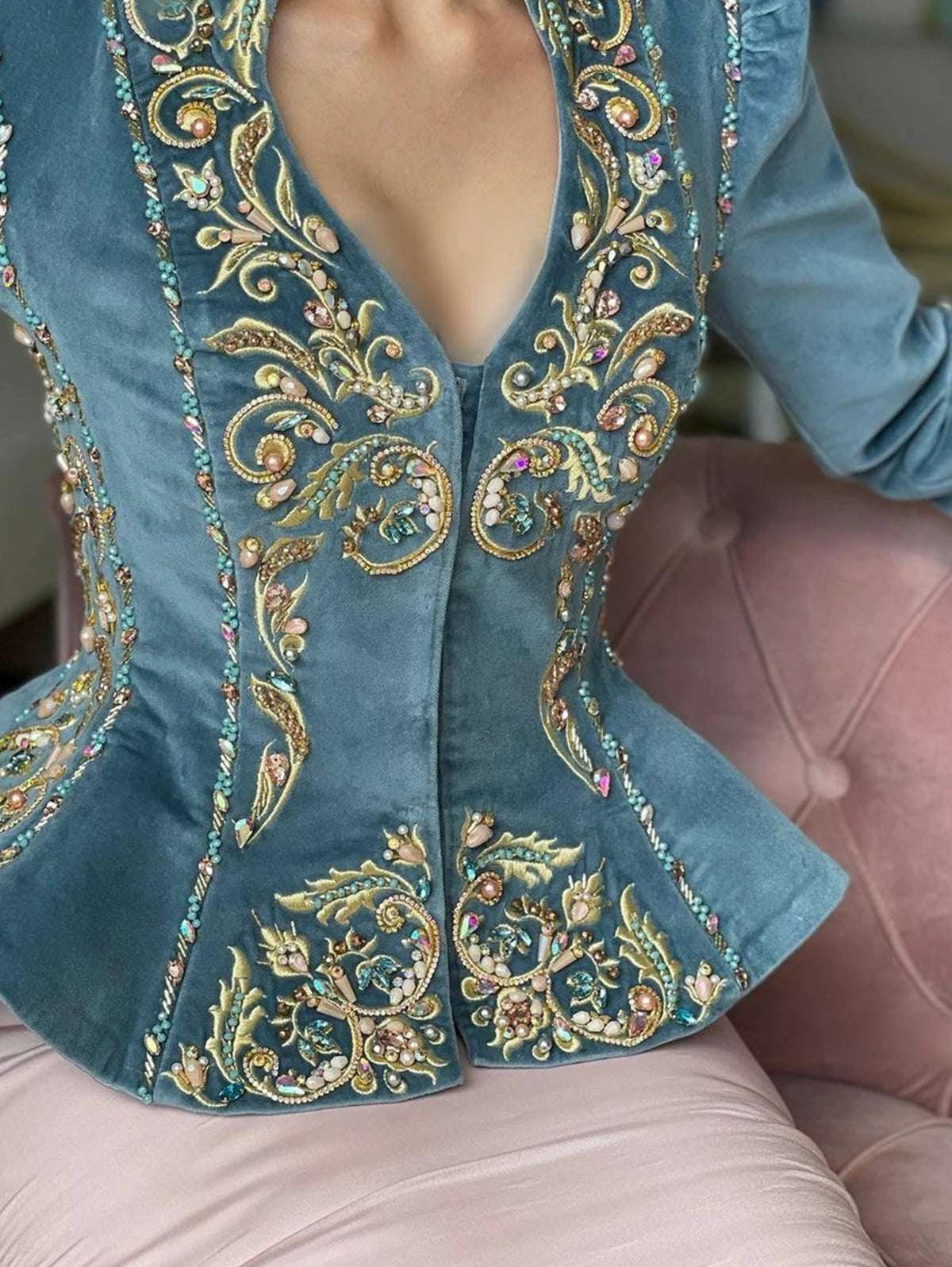 Women's Elegant Floral Gold Embroidered V-Neck Vintage Velvet Peplum Blouse - 80d3e6-0e.myshopify.com - -  