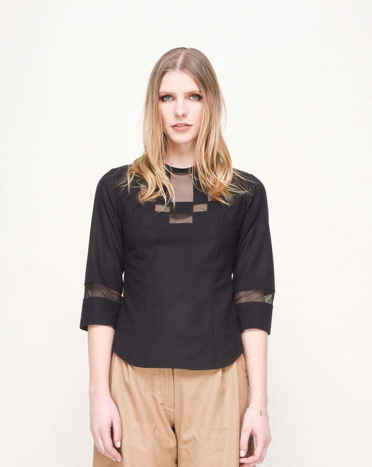 Women's Elegant Blouse with Sheer Panel Detailing, Round Neckline & 3/4 Sleeves