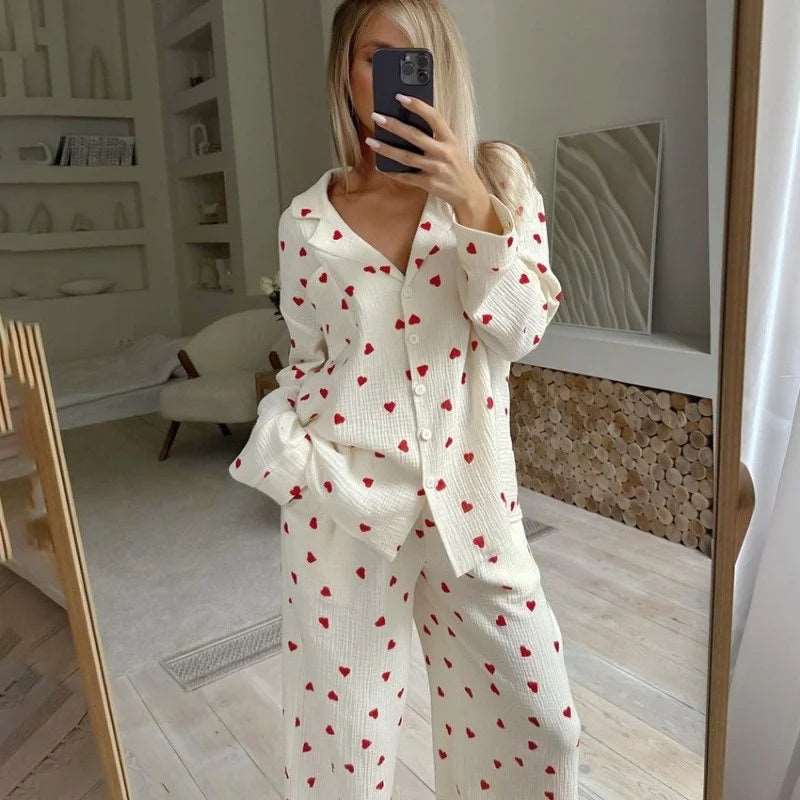 Women's Red Love Heart Printed Two-Piece Long Sleeve Pajama Set