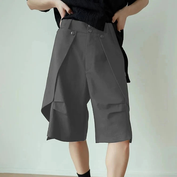 Men's High-Waisted, Wide-Leg Shorts with Button Detail & Overlapping Design