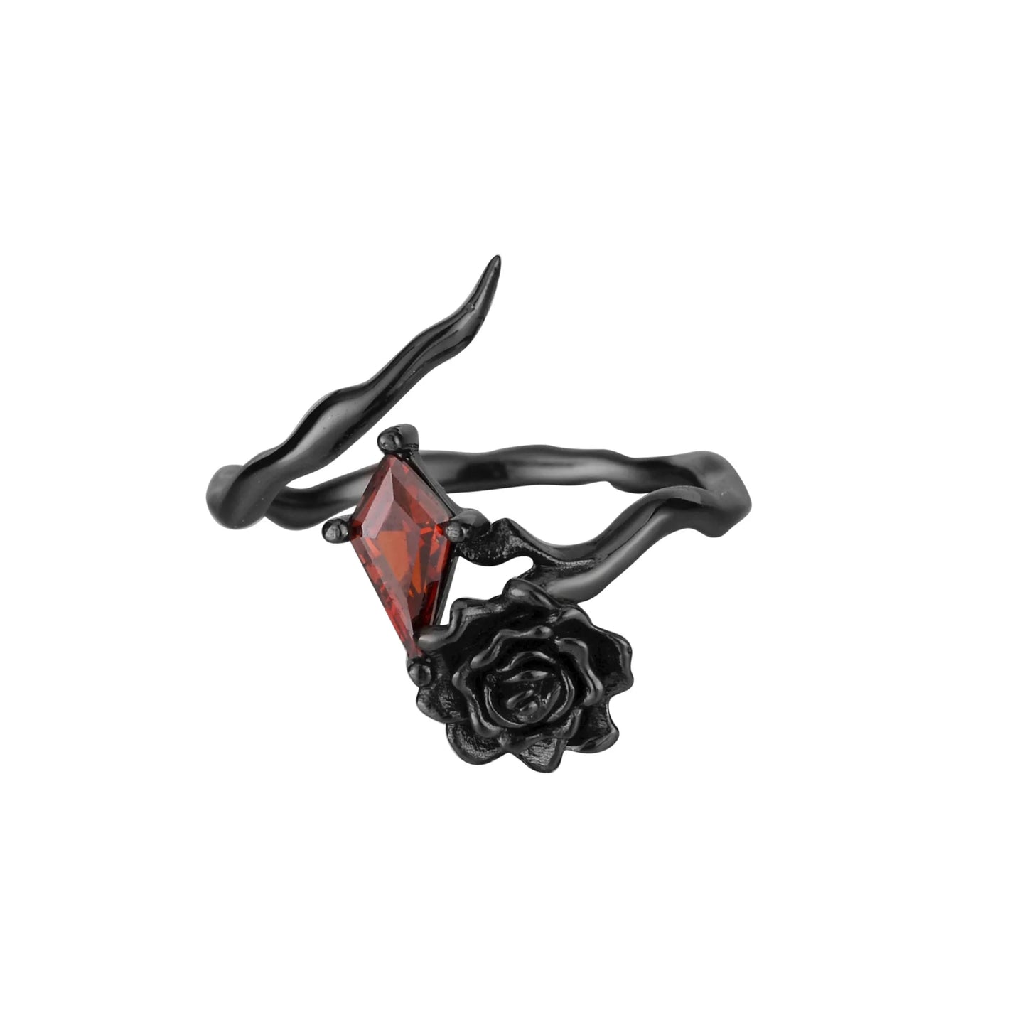 S925 Sterling Silver Black Rose & Red Diamond Zircon Women's Gothic Ring - Lovez Aqua© - 