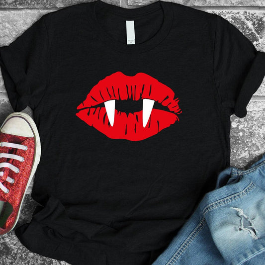 Women's Vampire Lips & Fangs Halloween Cotton T-Shirt - Lovez Aqua© - red, woman, women