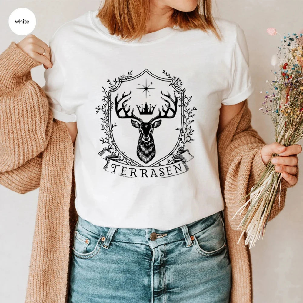 Terrasen The White Stag Throne of Glass Women's Graphic Print T-Shirt - Lovez Aqua© - 