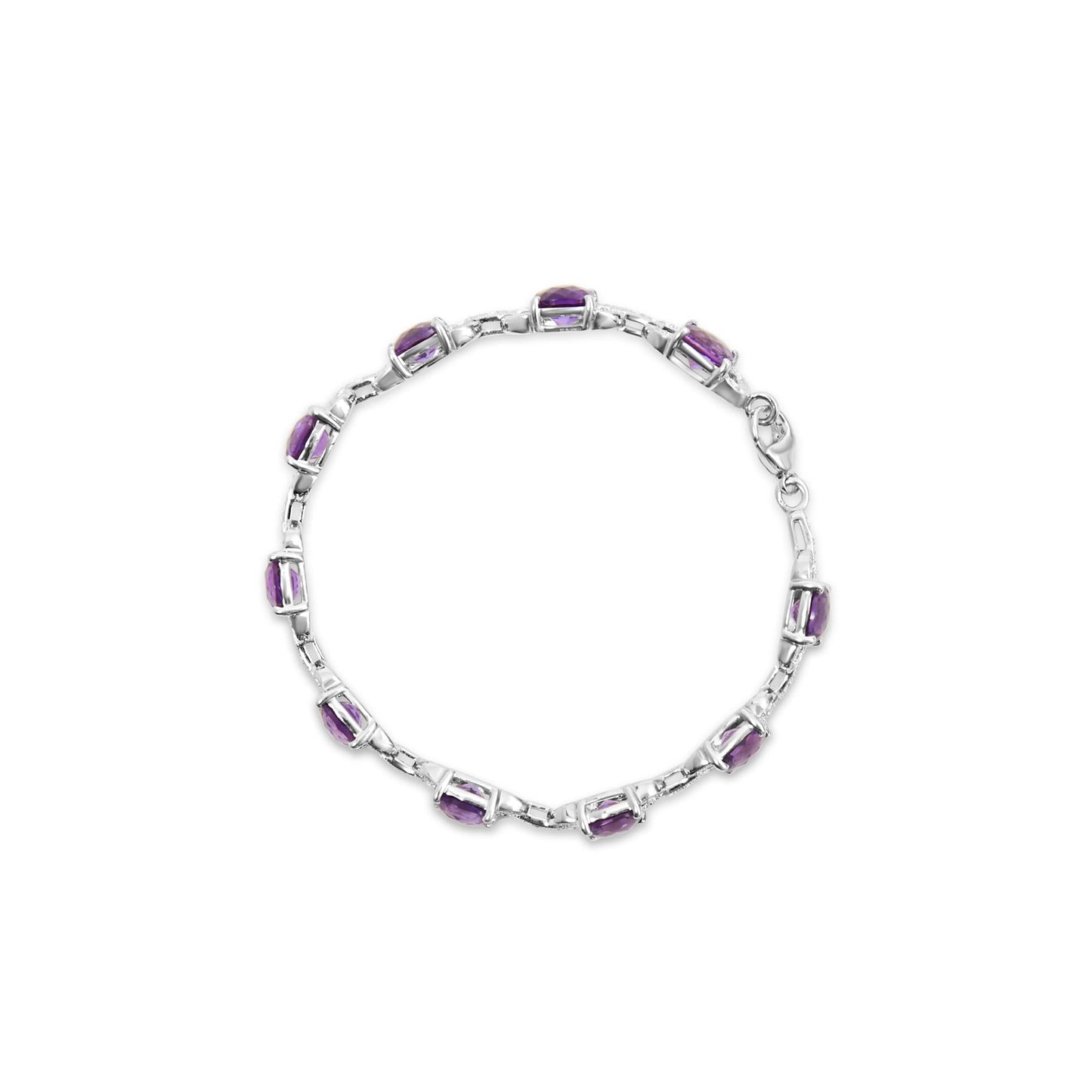 925 Sterling Silver Cushion Cut Amethyst Gemstone & Diamond Tennis Link Bracelet